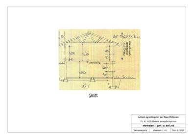 Snittegning som viser tverrsnitt gjennom en bygning med mål på veggtykkelse, takkonstruksjon og høyder.