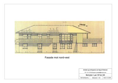 Fasadetegning som viser bygningens utseende sett fra nord-vest, inkludert etasjer, vinduer, balkonger og en påbygg.