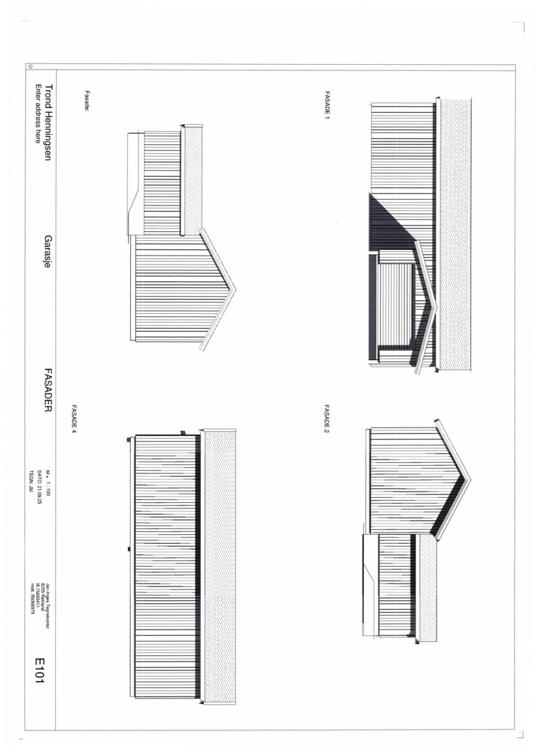 Fasadetegning som viser utsiden av en bygning sett fra flere vinkler (Fasade 1, 2 og 4).