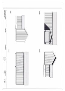 Fasadetegning som viser utsiden av en bygning sett fra flere vinkler (Fasade 1, 2 og 4).