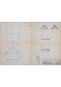 Tegning som viser fasadeoppsett (A, B, C) og et snitt (A-A) av en bygning.