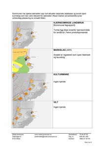Bildet viser en oversikt over en tomt med kartutsnitt som viser plassering i forhold til kjerneområde landbruk, markslag, kulturminne og vilt.