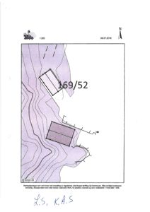 Situasjonsplan som viser to eiendommer (169/52) med topografi (konturlinjer) og retning (N).