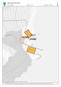 Situasjonsplan (Norkart) som viser tomtens form, grenser, høydeforskjeller (konturlinjer) og plassering av bygninger.