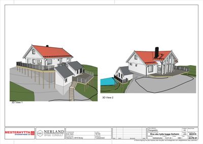 3D-perspektivtegning (rendering) av en hytte med to utsnitt (3D View 1 og 3D View 2).