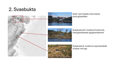Et situasjonskart over Svaebukta med tomtetegninger og tre tilhørende fotografier av eksisterende hus i området.