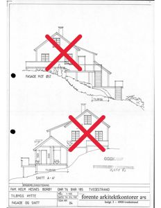 Fasadetegning (opprikk) av en bygning sett fra øst og et snitt (A-A') av samme bygning.