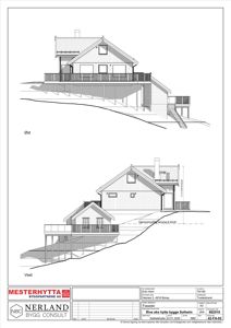 Fasadetegning som viser bygningens utseende fra øst og vest, inkludert terrasser, trapper og takform.