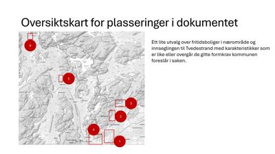 Et oversiktskart (situasjonsplan) som viser et geografisk område med markerte punkter for fritidsboliger og innsegling til Tvedestrand.