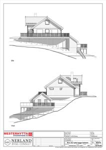 Fasadetegning som viser bygningen sett fra øst og vest med oppriss av tak, fasadepaneler og trapper.
