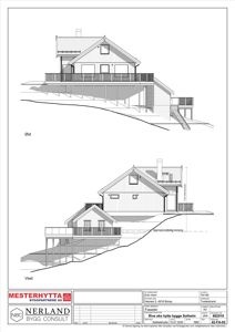 Fasadetegning som viser bygningen sett fra øst og vest med oppriss av tak, vegger og terrassering.