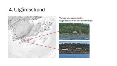 Bildet viser en situasjonsplan (kart) over et kystområde med topografi og bebyggelse, kombinert med to fotografier som illustrerer eksisterende hus i området. Det er også en tekstbeskrivelse og en rød pil som kobler kartet til fotorepresentasjonen.