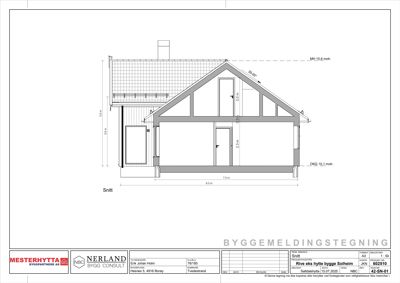 Snittegning av en hytte som viser konstruksjonen, høyder og romfordeling i tverrsnitt.