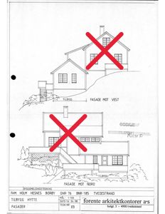 Fasadetegning som viser bygningen sett fra vest og nord med oppriss av tak, vinduer og trapper.
