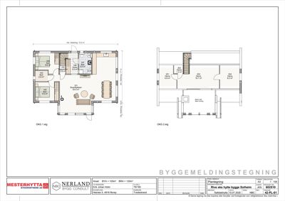 Plantegning som viser romfordeling og arealer for første (1.etg) og andre etasje (2.etg) av en hytte.
