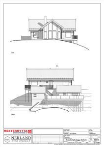Fasadetegning som viser bygningens utsyn mot sør og nord.
