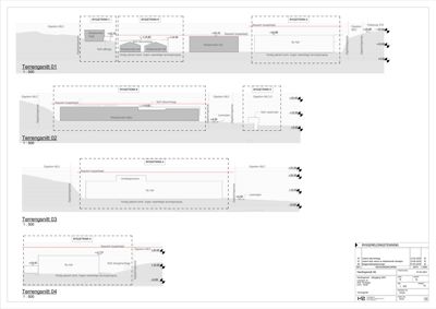 Tegning som viser tverrsnitt (terrensnitt) av bygningene i forhold til terrenget og naboeiendommer.