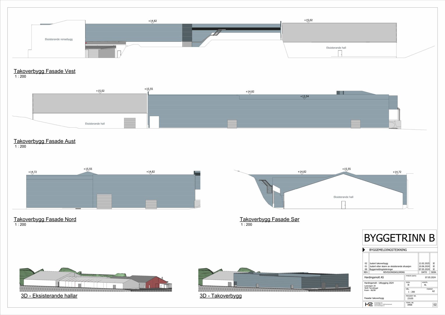 Fasadetegninger (oppriss) av et takoverbygg sett fra fire sider (Vest, Aust, Nord, Sør) samt en 3D-visualisering av eksisterende haller og det nye takoverbygget.