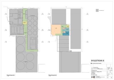 Tegning som viser romfordeling og arealer for to ulike etasjer (Takoverbygg plan 1 og 2).