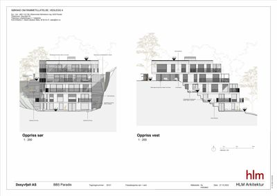 Fasadetegning (oppriss) som viser bygningens utseende fra vest og sør, inkludert vinduer, materialer og terrengforhold.