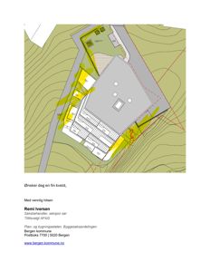 Situasjonsplan som viser bygningens plassering på tomt med høydekurver, veier og områder markert med gul farge.