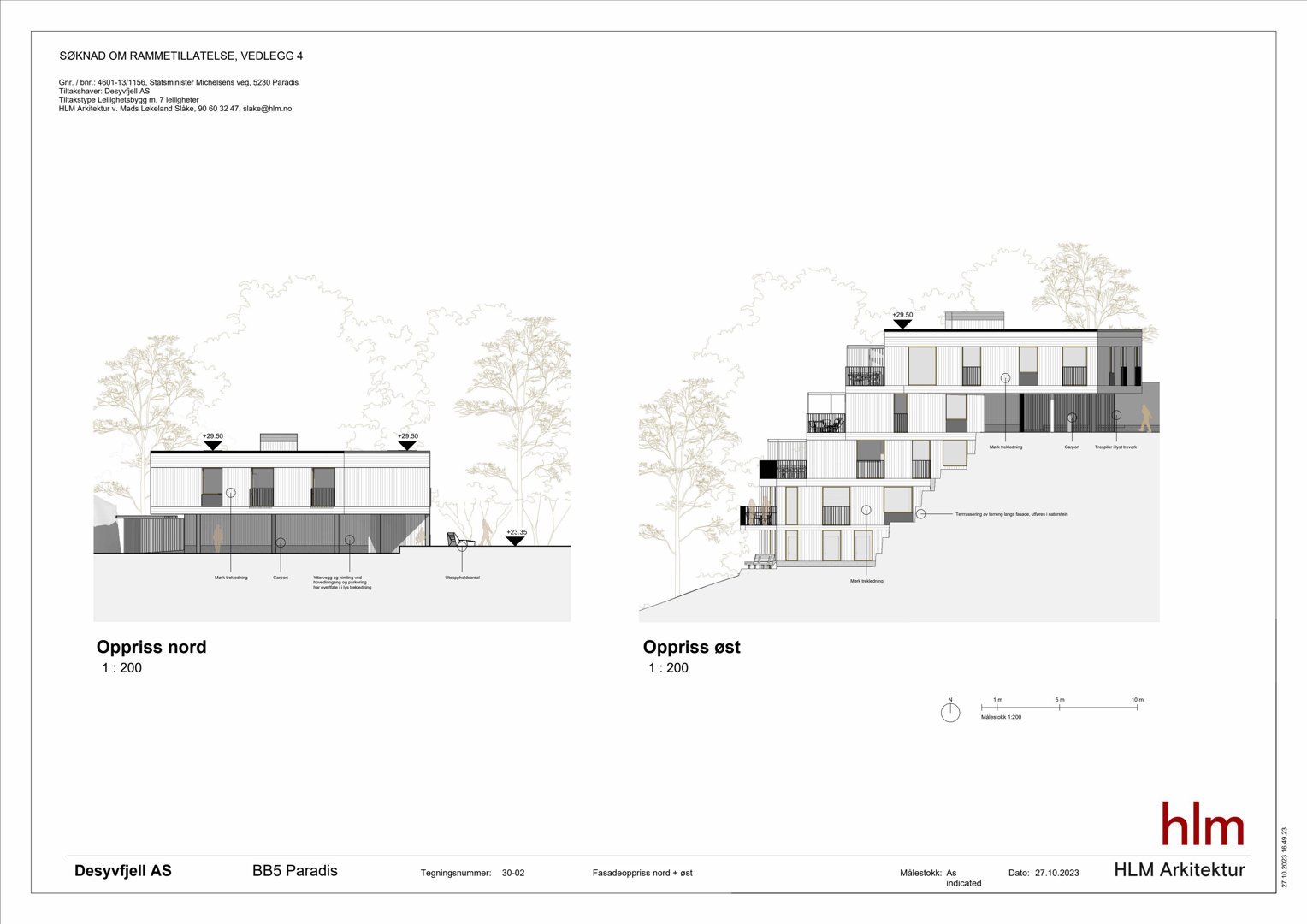 Fasadetegning (oppriss) av en bygning sett fra nord og øst