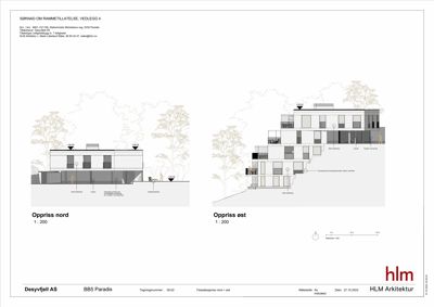 Fasadetegning (oppriss) av en bygning sett fra nord og øst