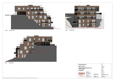 Fasadetegning som viser bygningens utseende fra tre ulike vinkler: Vest, Sør og Øst.