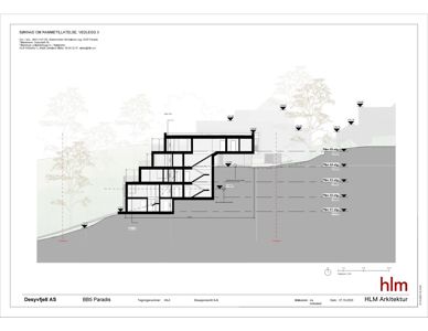 Snittegning som viser bygningens tverrsnitt, høyder og forhold til terrenget.