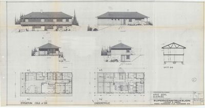 Bildet viser en tegningssamling for en bygning, inkludert fasadeopprikk (vest, syd, nord), et snitt (a-a) og etasjeplaner. Siden fasadeopprikkene dominerer, er 'facade' den mest relevante klassifiseringen.