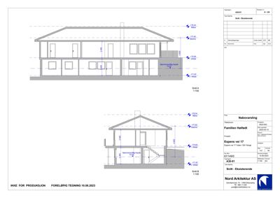 Snittegning (Snitt A og Snitt B) som viser bygningens tverrsnitt, høyder og konstruksjon.