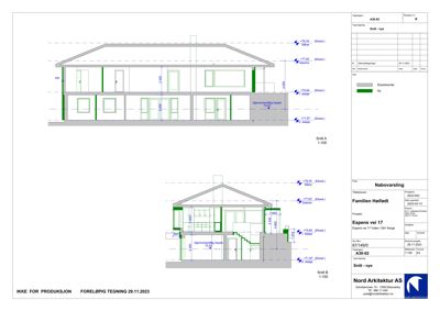 Snittegning (Snitt A og Snitt B) som viser tverrsnittet av en nybygd bolig, inkludert høyder, vindusposisjon og innvendig oppdeling.