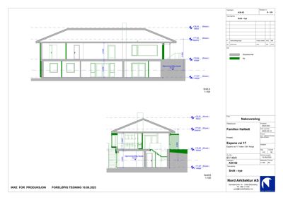 Snittegning (Snitt A og Snitt B) som viser tverrsnittet av en bygning, inkludert høyder, etasjer og romfordeling.