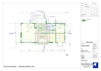 Etasjeplan (1. etasje) som viser romfordeling, dimensjoner og snittlinjer for en bolig.