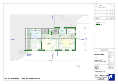 Etasjeplan (Plan 1.etasje) som viser romfordeling, dimensjoner og snittlinjer for en nybygget bolig.