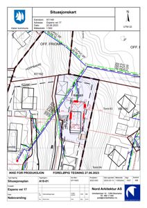 Situasjonskart som viser eiendomsgrenser, topografi (konturlinjer), naboeiendommer og planlagt byggeplass med overlagte rørledninger.