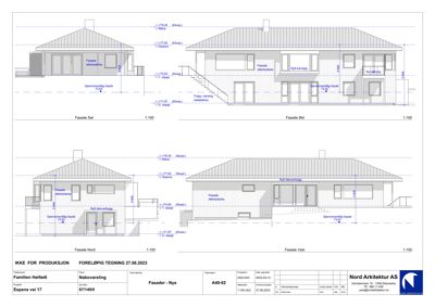 Fasadetegning som viser bygningens utsyn fra fire sider (Nord, Sør, Vest og Øst) med mål og detaljer.