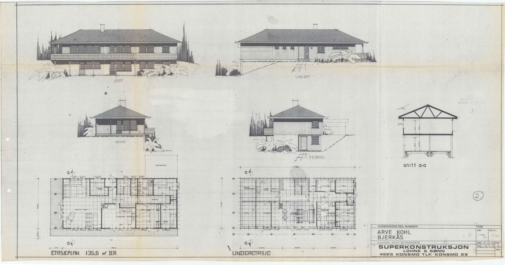 Bildet viser en tegning med fasadeopprikk (fra flere vinkler) og et snitt for en bygning.