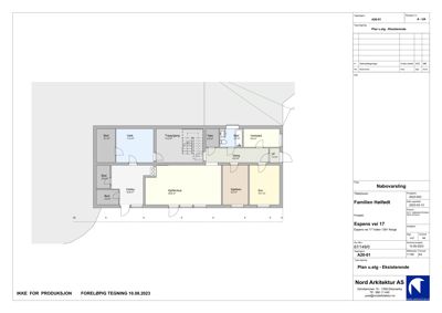 Etasjeplan (Plan 1.etg) som viser romfordeling, arealer og funksjoner for en eksisterende bolig.