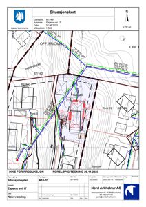 Situasjonskart som viser eiendomsnummer, adresse, nabotomter, topografi (konturlinjer) og infrastruktur (rørledninger) for Espens vei 17.