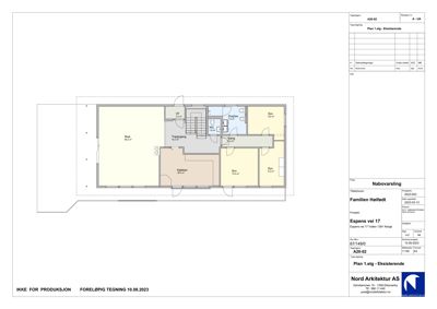 Etasjeplan (1.etg) som viser romfordeling, arealer og plassering av vegg for en eksisterende bolig.