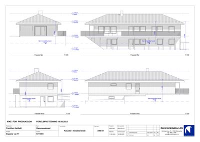 Fasadetegning som viser bygningens utseende fra fire sider (Sør, Øst, Nord, Vest) med mål og høyder.