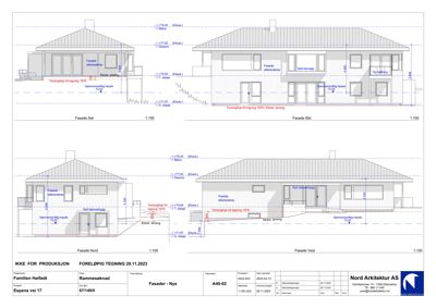 Fasadetegning som viser bygningens utseende fra fire sider (Sør, Øst, Nord og Vest) med mål og detaljer.