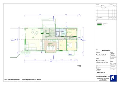 Etasjeplan (1. etasje) som viser romfordeling, dimensjoner og plassering av vegg og dører.