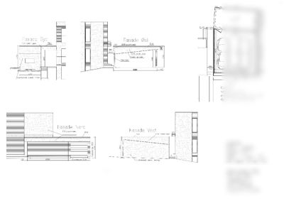 Fasadetegning som viser oppriss av bygningens fire sider (Nord, Sør, Øst, Vest) med mål og detaljer.