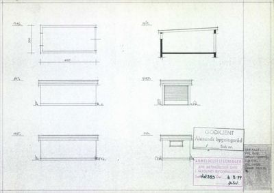 Tegning som viser detaljerte oppriss av en konstruksjon (sannsynligvis en søyle eller stolpe) sett fra fire sider (plan, snitt, øst, vest, nord, syd) med mål og konstruksjonslinjer.