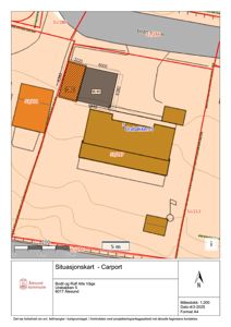 Situasjonskart som viser tomtens grenser, nabotomter, eksisterende bygninger og planlagt plassering av en carport.