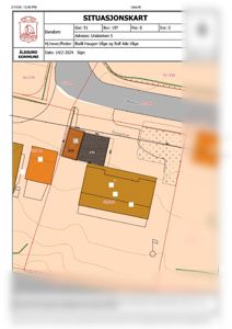 Situasjonskart som viser eiendomsgranser, naboeiendommer, bygninger og topografi for eiendommen Urabakken 5.
