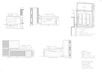 Fasadeopprikk for en bygning med visning av alle fire sider (Nord, Sør, Øst, Vest) samt en plan for biloppkjørsel.