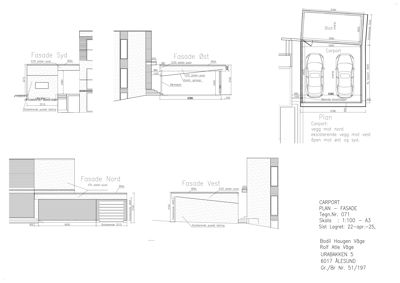 Fasadetegning som viser oppriss av bygningens fire sider (Nord, Sør, Øst, Vest) med mål og detaljer.